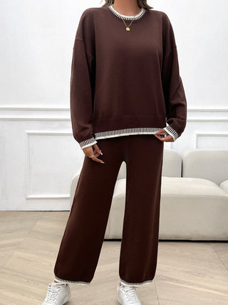 Devine Round Neck Dropped Shoulder Top and Pants Sweater Set Trendsi