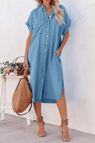 Slit Button Up Short Sleeve Imitation Denim Dress Divacious