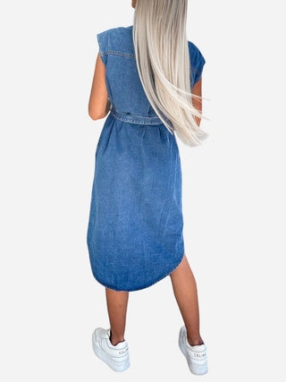 Collared Neck Cap Sleeve Denim Dress Divacious