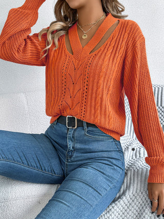 Cutout V-Neck Long Sleeve Sweater - Divacious