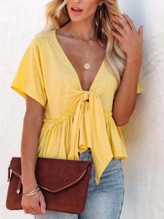 Tied Plunge Short Sleeve Blouse Divacious