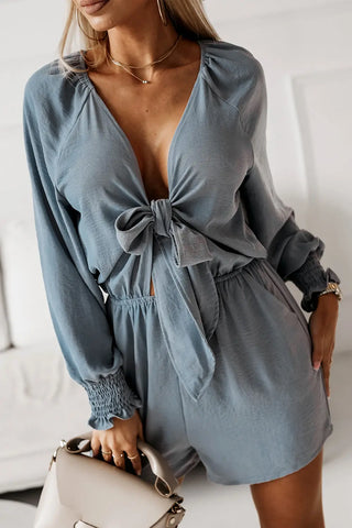 Tied Flounce Sleeve Plunge Romper Divacious