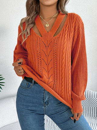 Cutout V-Neck Long Sleeve Sweater - Divacious