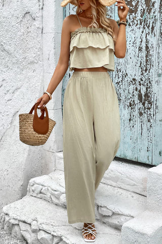 Honey Frill Trim Cami and Wide Leg Pants Set Trendsi