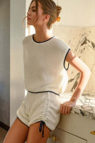 Contrast Trim Round Neck Top and Shorts Sweater Set Trendsi