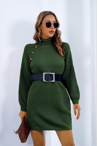 Buttoned Turtleneck Long Sleeve Sweater Dress Divacious