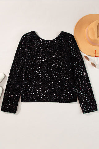 Sequin Round Neck Long Sleeve Blouse Divacious