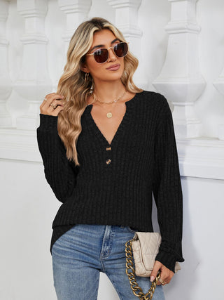 Ribbed Notched Long Sleeve T-Shirt Divacious