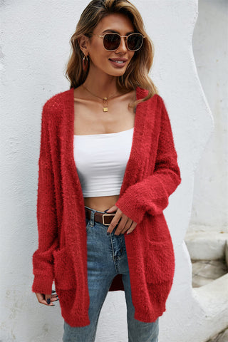 Open Front Openwork Fuzzy Cardigan with Pockets Divacious