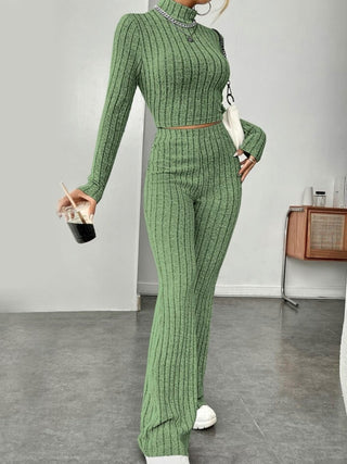 Ribbed Mock Neck Long Sleeve Top and Pants Set Trendsi