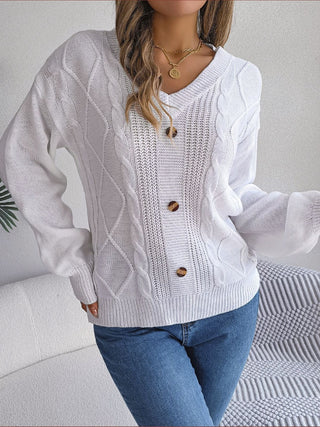 Cable-Knit Buttoned V-Neck Sweater Divacious