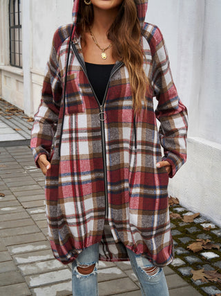 Plaid Zip Up Hooded Coat Divacious