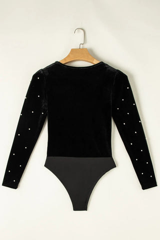 Pearl Detail V-Neck Long Sleeve Bodysuit Divacious