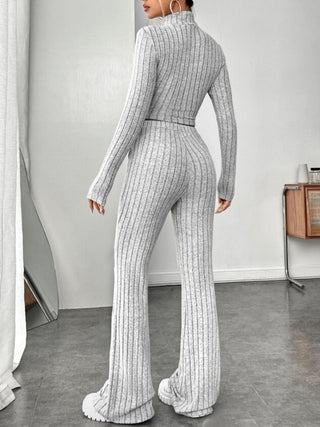 Ribbed Mock Neck Long Sleeve Top and Pants Set Trendsi