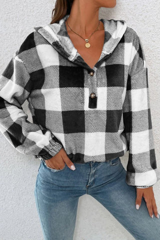 Plaid Quarter Button Dropped Shoulder Hoodie Divacious