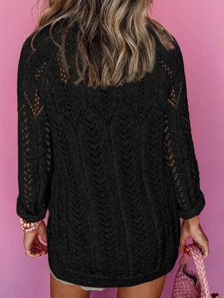 Openwork Open Front Long Sleeve Cardigan Divacious