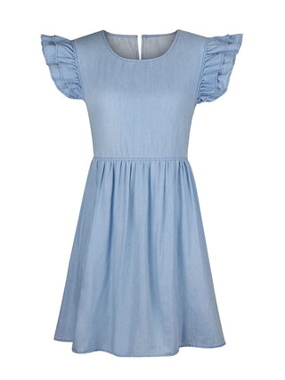 Full Size Ruffled Round Neck Cap Sleeve Denim Dress Divacious