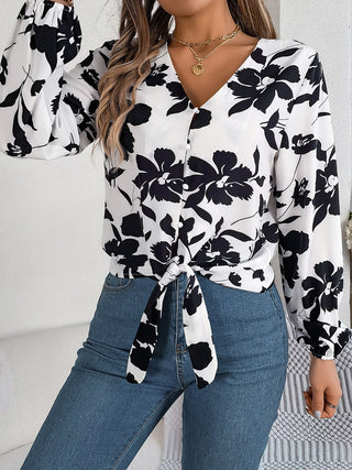 Printed V-Neck Long Sleeve Blouse Divacious