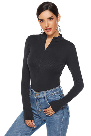 Full Size Ribbed Half Zip Long Sleeve Bodysuit Divacious