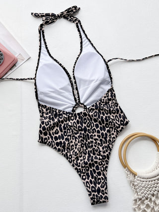 Leopard Halter Neck Ring Detail One-Piece Swimsuit Divacious