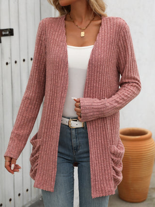 Open Front Long Sleeve Ribbed Cardigan Divacious