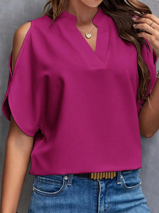 Notched Cold Shoulder Blouse Divacious