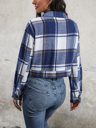 Plaid Button Up Drop Shoulder Cropped Jacket Divacious