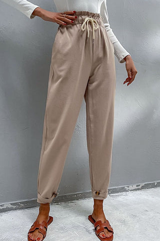 Drawstring Paperbag Waist Button Detail Pants Divacious