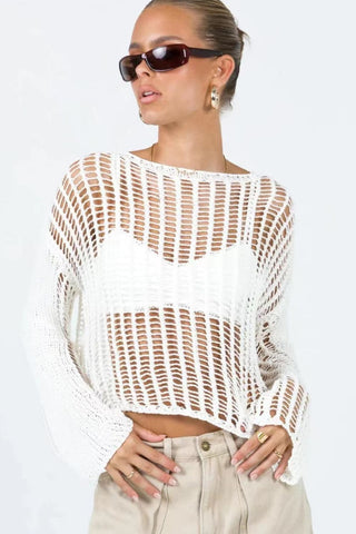 Openwork Boat Neck Long Sleeve Cover Up Divacious