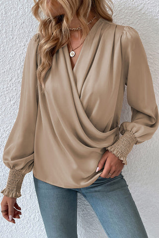 Surplice Neck Lantern Sleeve Blouse Divacious