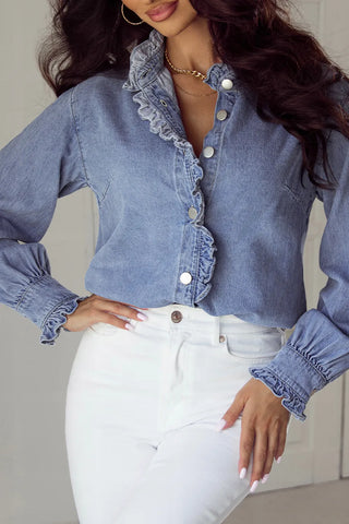 Frill Button Up Long Sleeve Denim Top Trendsi