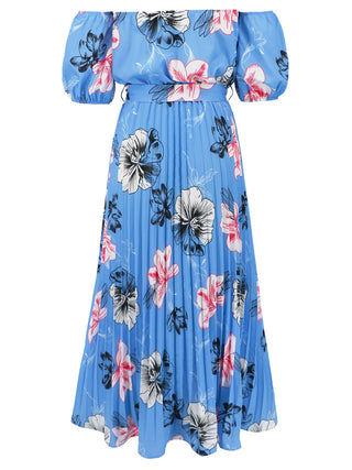 Pleated Floral Off-Shoulder Short Sleeve Midi Dress Trendsi