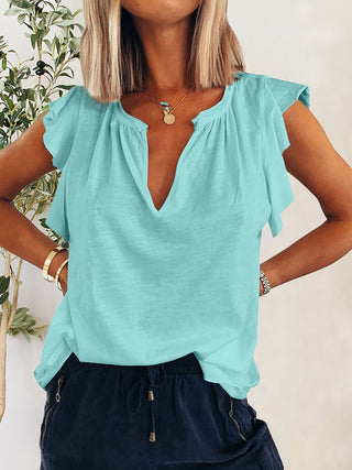 Ruffled Notched Cap Sleeve T-Shirt Divacious