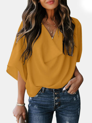 Full Size Cowl Neck Three-Quarter Sleeve Blouse Divacious