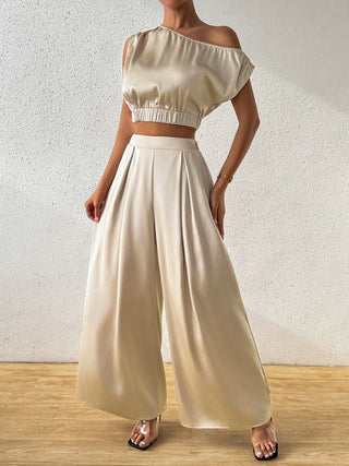 Honey One Shoulder Short Sleeve Top and Wide Leg Pants Set Trendsi