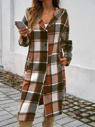 Plaid Long Sleeve Hooded Coat Divacious