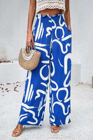 Smocked Printed Wide Leg Pants with Pockets Divacious