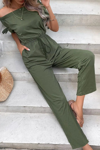 Off-Shoulder Tie Cuff Jumpsuit with Pockets Divacious