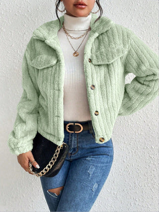 Fuzzy Button Up Collared Neck Jacket Divacious