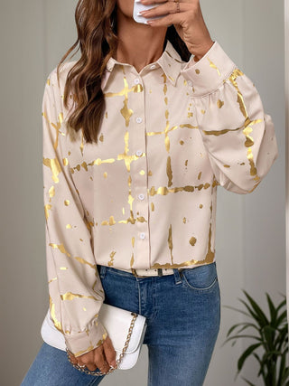 Printed Collared Neck Long Sleeve Shirt - Divacious