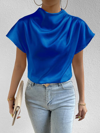 Ruched Mock Neck Short Sleeve Blouse Divacious