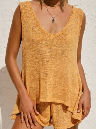 V-Neck Sleeveless Top and Drawstring Shorts Sweater Set Trendsi