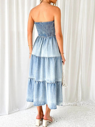 Slit Smocked Tube Tiered Denim Dress Divacious