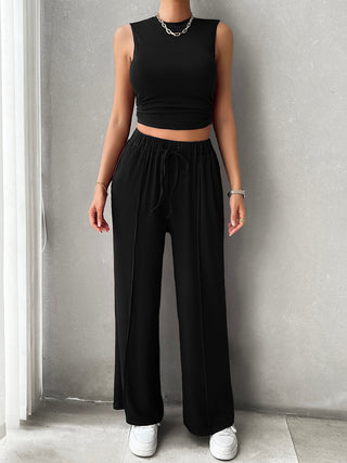 Devine Mock Neck Sleeveless Top and Drawstring Pants Set Trendsi