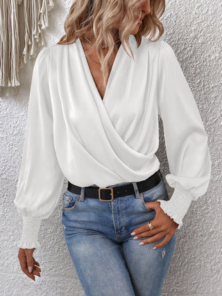 Surplice Smocked Lantern Sleeve Blouse Divacious