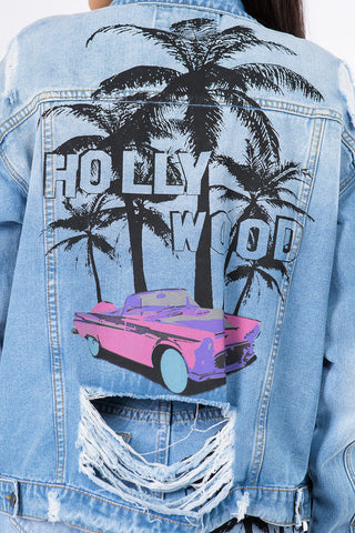 Graphic Distressed Long Sleeve Denim Jacket Divacious