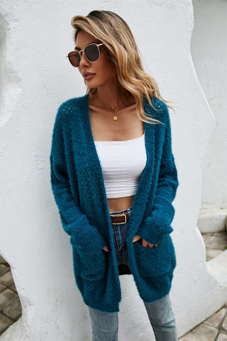 Open Front Openwork Fuzzy Cardigan with Pockets Divacious