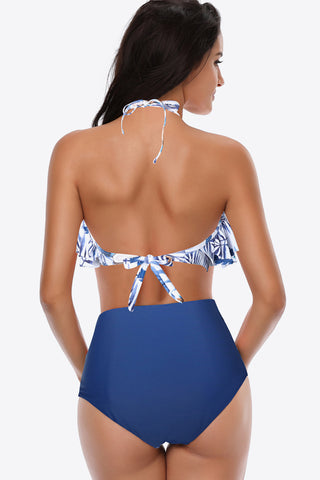 Two-Tone Ruffled Halter Neck Two-Piece Swimsuit Divacious