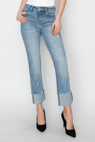 Full Size High Rise Cuffed Slim Straight Jeans Divacious