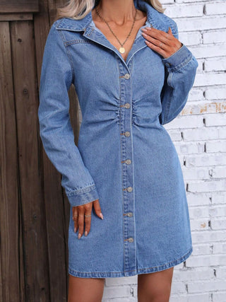 Ruched Button Up Long Sleeve Denim Dress Divacious